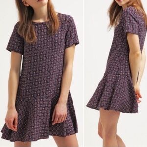 Banana Republic Size 14 Blue Foulard Print Flounce Shift Short Sleeve Dress